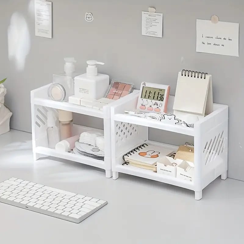 Desktop Double-Layer Plastic Storage Holder Rack Cosmetic Box Kitchen Bathroom Desk Shelf Organizer Office Supplies Stationery