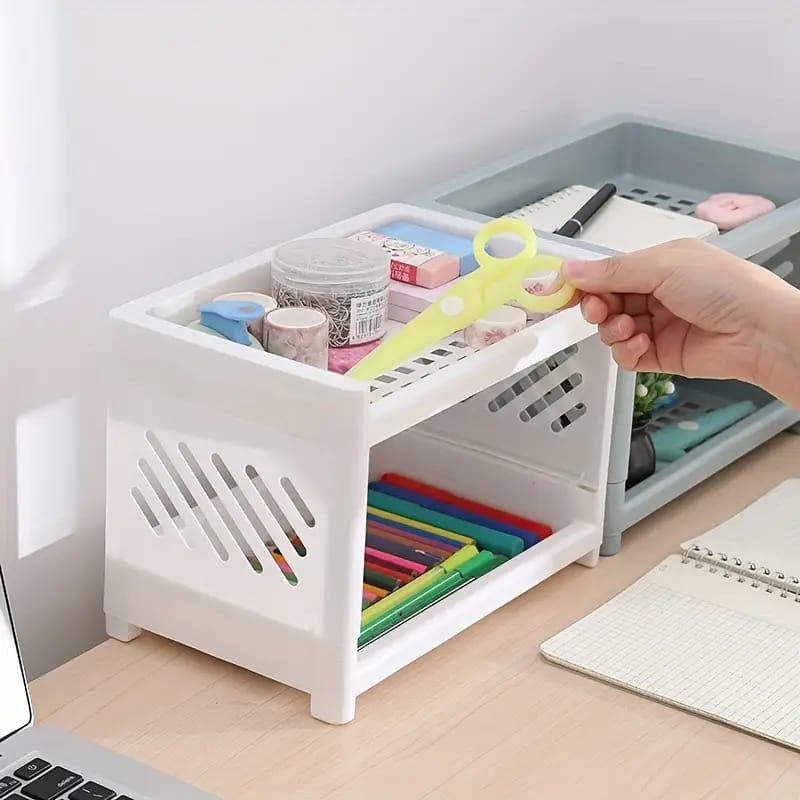Desktop Double-Layer Plastic Storage Holder Rack Cosmetic Box Kitchen Bathroom Desk Shelf Organizer Office Supplies Stationery